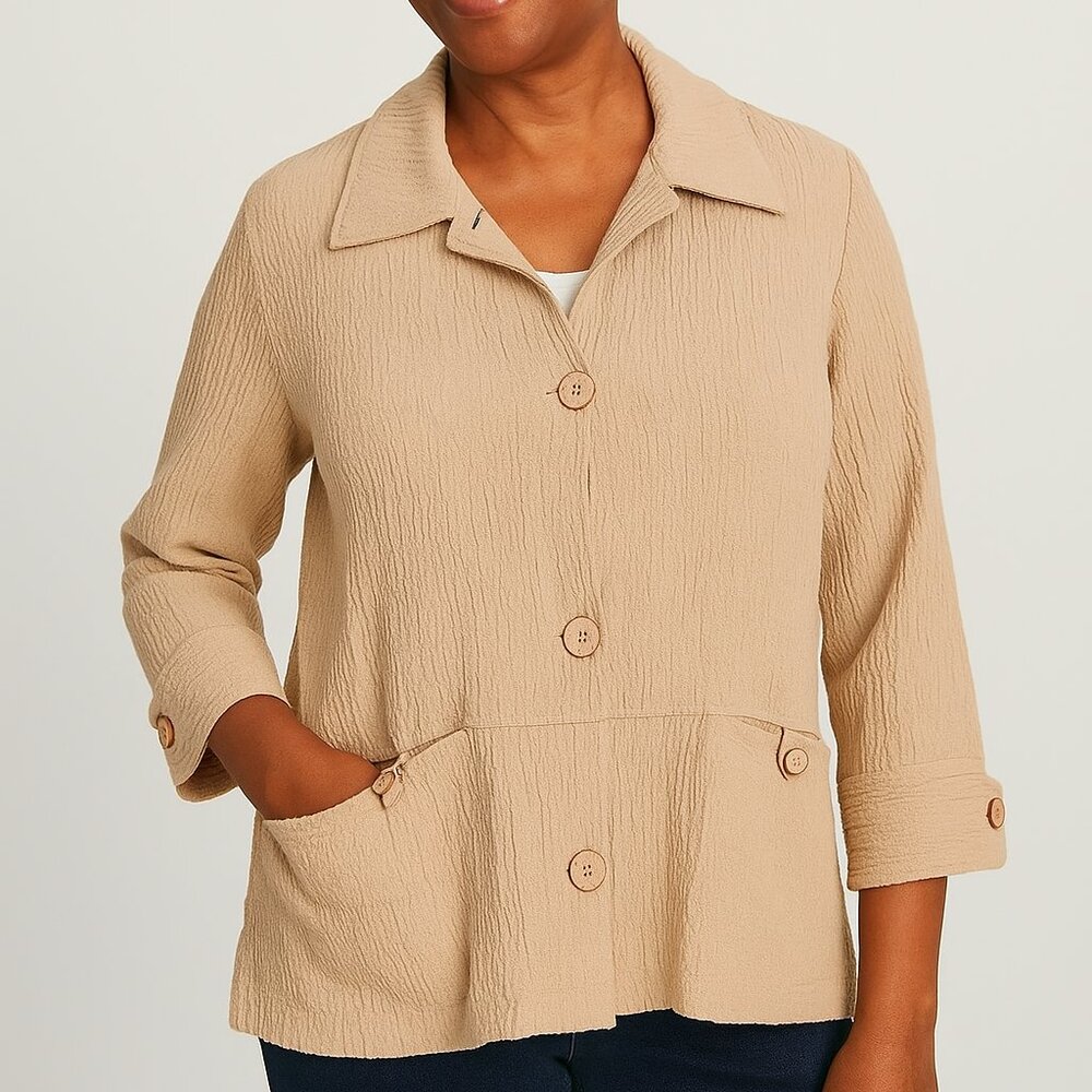 Appleseed's Tan Crinkle 3/4 Sleeve Button Front Top Size PXL Lagenlook‎